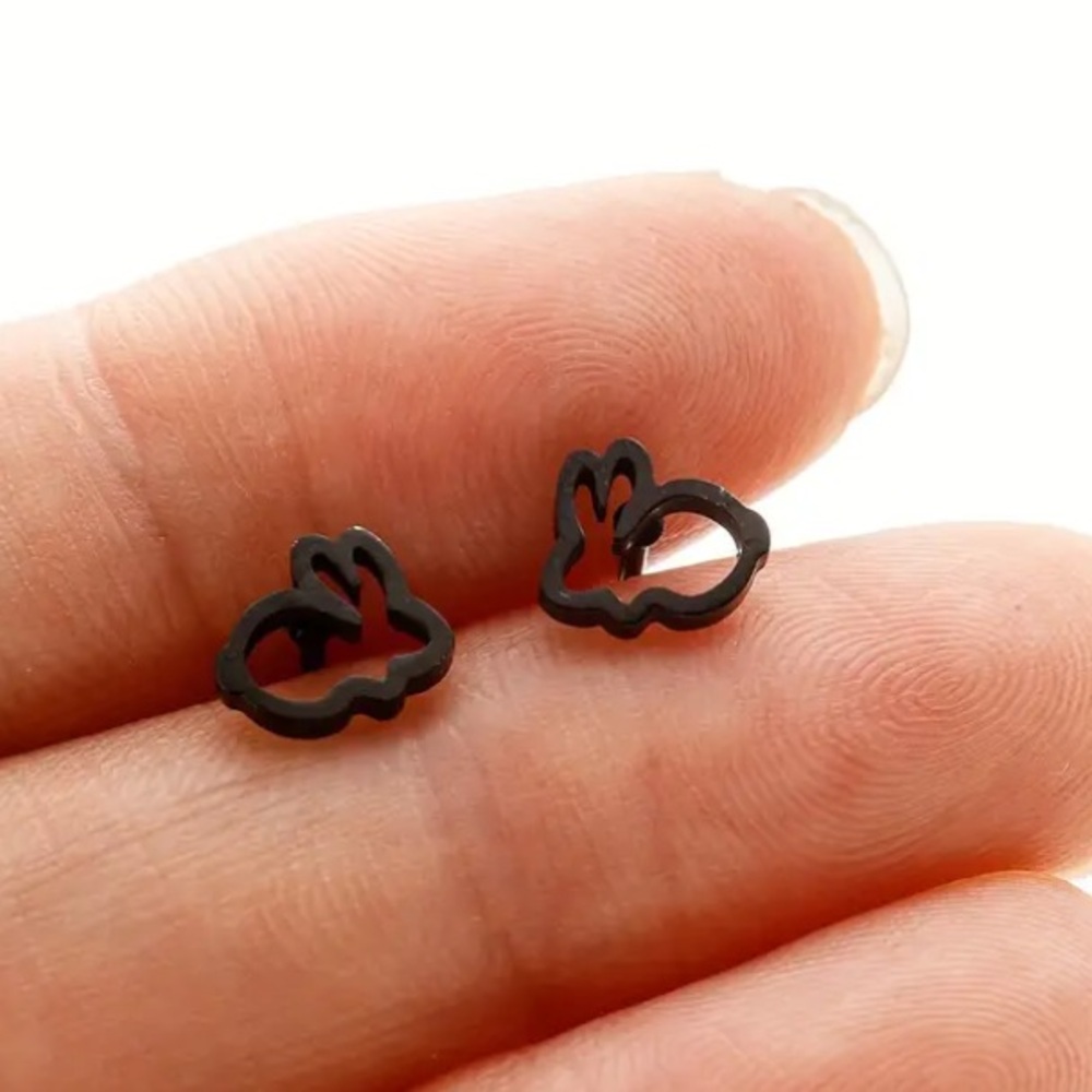 Dainty Bunny Rabbit Bunnies Black Stud Earrings
